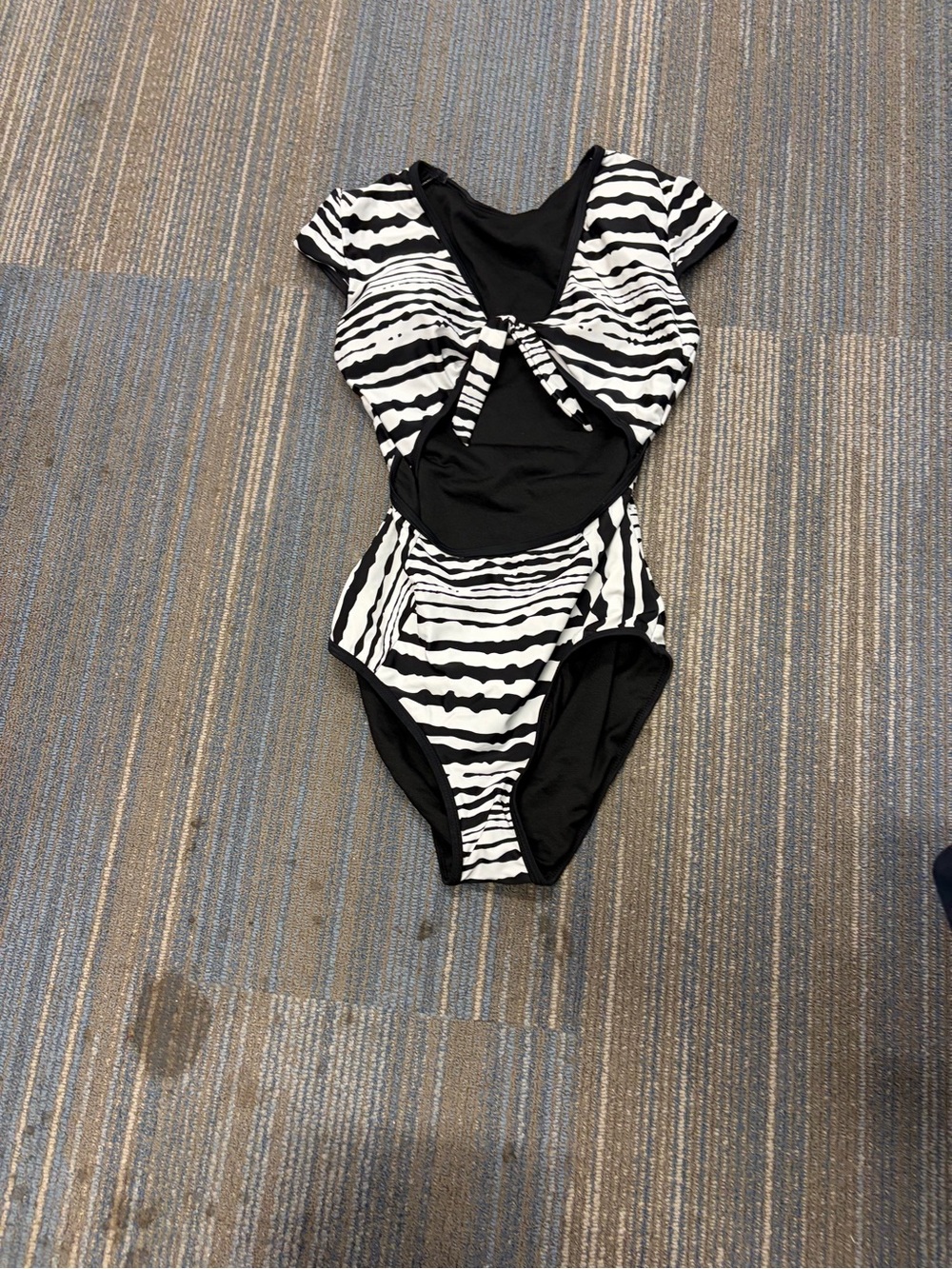 Black and White Striped One-Piece Swimsuit with Front Tie